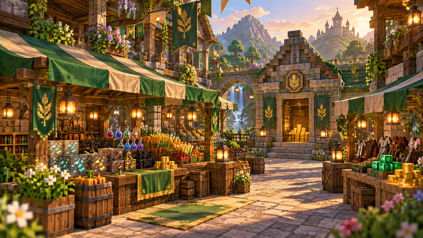 FritziSMP-Marktplatz mit Ständen, Waren und goldenen Handelsmarken